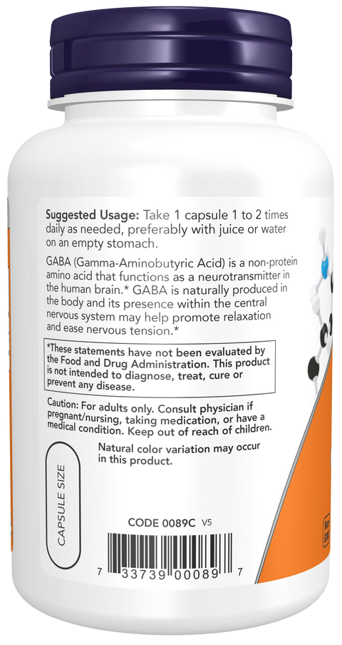 GABA 750 mg NOW Foods – 100 cápsulas vegetais – imagem 3