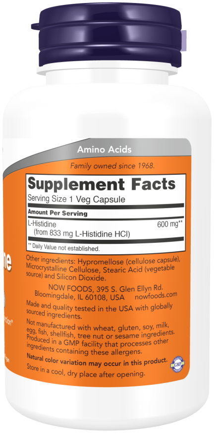 L-histidina 600 mg NOW Foods – 60 cápsulas vegetais – imagem 2