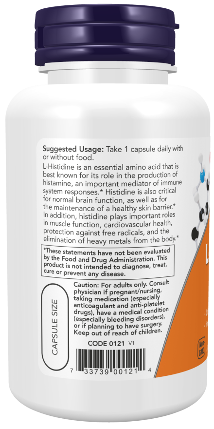 L-histidina 600 mg NOW Foods – 60 cápsulas vegetais – imagem 3