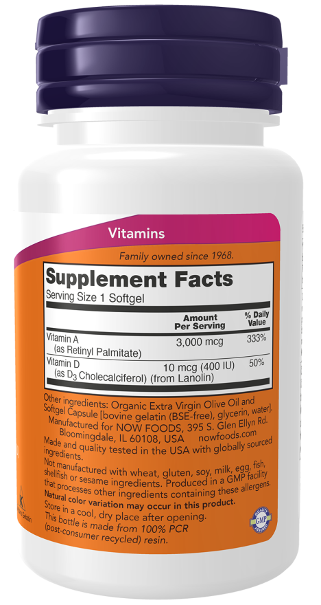 Vitamina A e D 10 000/400 UI NOW Foods – 100 cápsulas moles – imagem 2