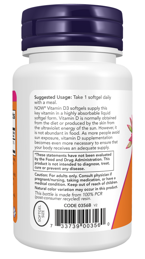 Vitamina D3 2500 UI NOW Foods – 180 cápsulas moles – imagem 3