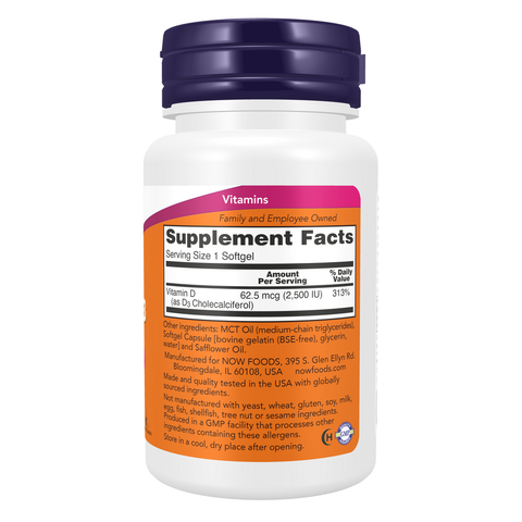Vitamina D3 2500 UI NOW Foods – 180 cápsulas moles – imagem 2