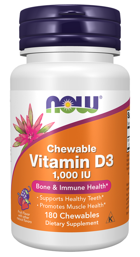 Vitamina D3 mastigável 1000 UI NOW Foods – 180 comprimidos sabor a fruta