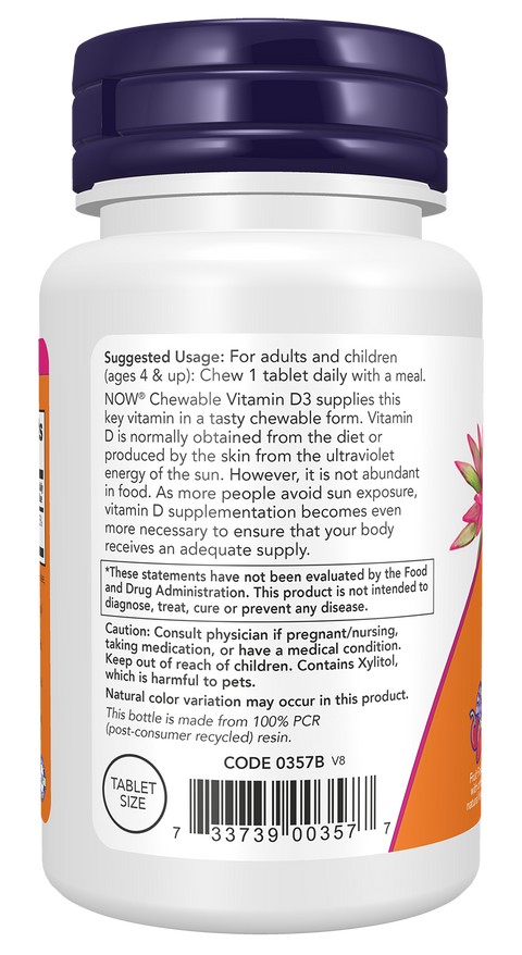 Vitamina D3 mastigável 1000 UI NOW Foods – 180 comprimidos sabor a fruta – imagem 3