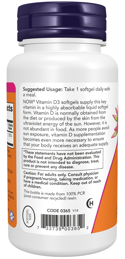 Vitamina D3 1000 UI NOW Foods – 180 cápsulas moles – imagem 3
