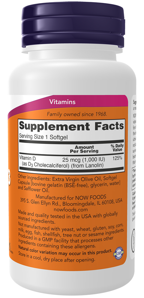 Vitamina D3 1000 UI NOW Foods – 180 cápsulas moles – imagem 2