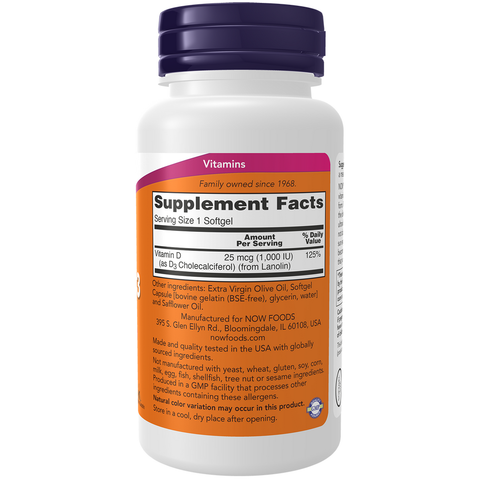 Vitamina D3 1000 UI NOW Foods – 180 cápsulas moles – imagem 2