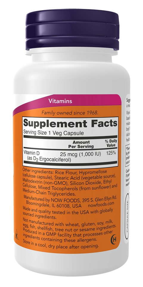 Vitamina D vegan NOW Foods – Vitamin D2 1000 UI 120 cápsulas vegetais – imagem 2