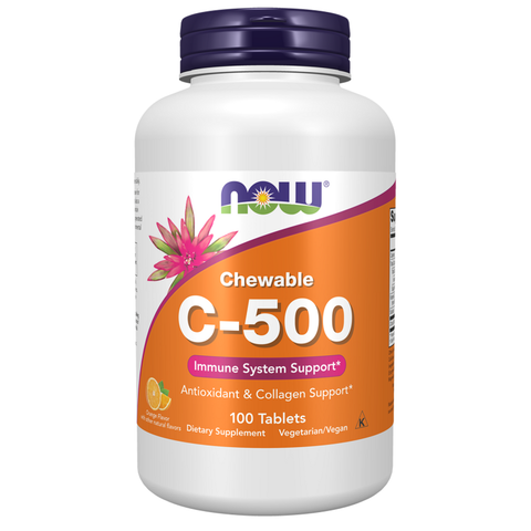 Vitamina C 500 mg mastigável sabor laranja NOW Foods – 100 comprimidos