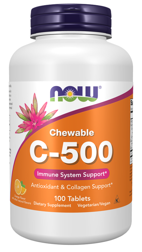 Vitamina C 500 mg mastigável sabor laranja NOW Foods – 100 comprimidos