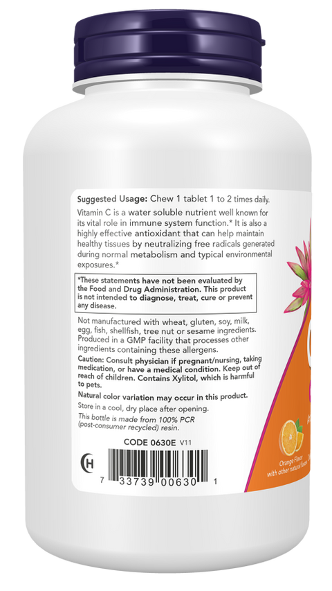 Vitamina C 500 mg mastigável sabor laranja NOW Foods – 100 comprimidos – imagem 3