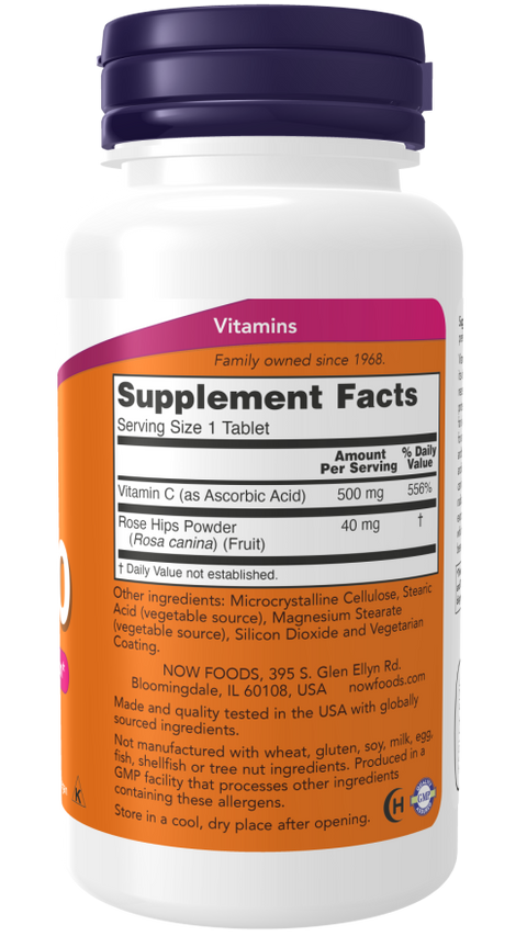 Vitamina C 500 mg com rosa mosqueta NOW Foods – 100 comprimidos – imagem 2