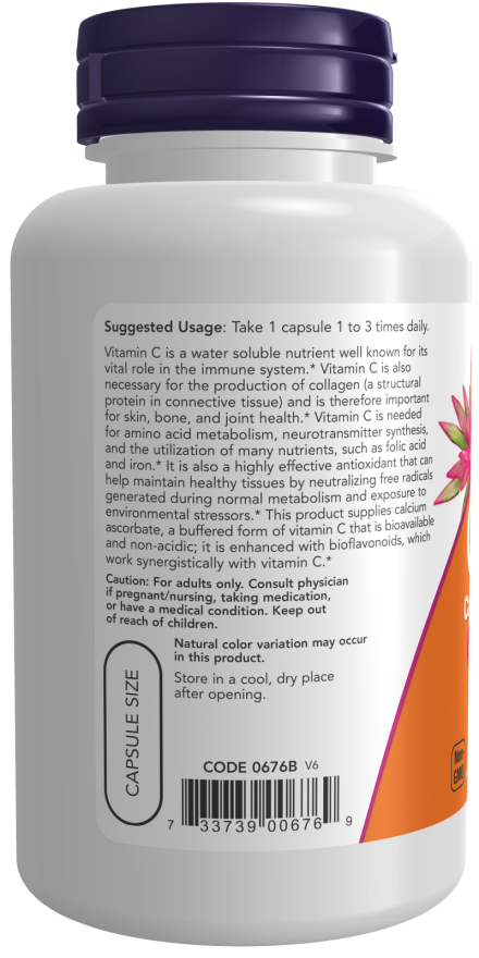 Vitamina C ascorbato de cálcio 500 mg NOW Foods – 100 cápsulas vegetais – imagem 3