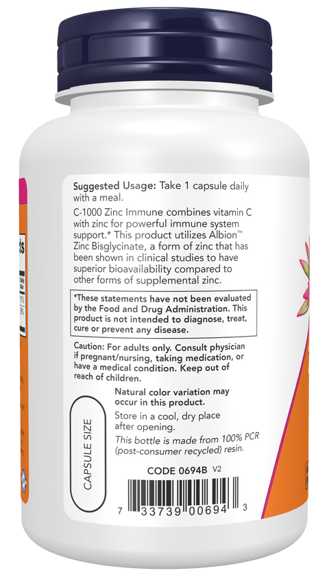 Vitamina C 1000 mg e zinco NOW Foods – 90 cápsulas vegetais – imagem 3
