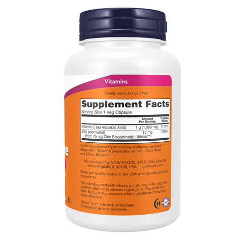 Vitamina C 1000 mg e zinco NOW Foods – 90 cápsulas vegetais – imagem 2