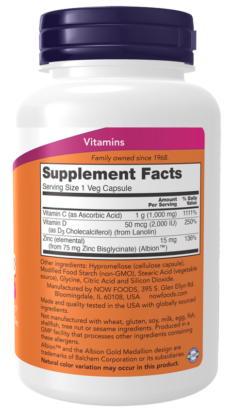 Vitamina C 1000 mg, zinco e vitamina D3 NOW Foods – 100 cápsulas vegetais – imagem 2