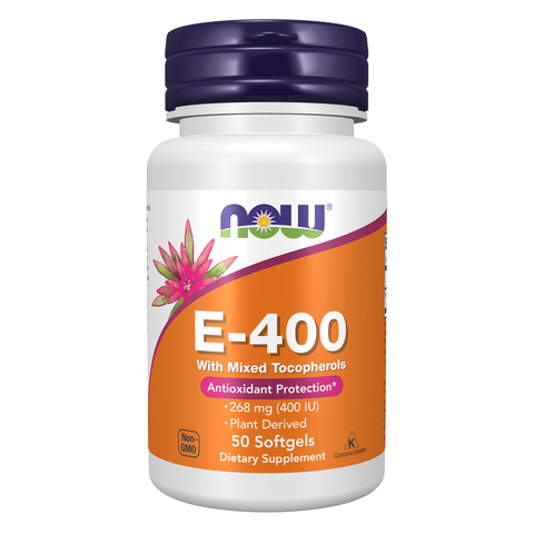 Vitamina E 400 UI NOW Foods – 50 cápsulas moles com tocoferóis mistos