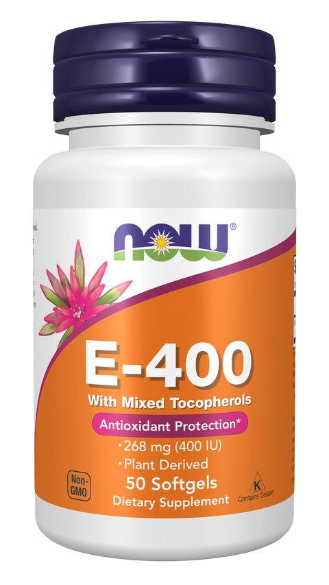 Vitamina E 400 UI NOW Foods – 50 cápsulas moles com tocoferóis mistos