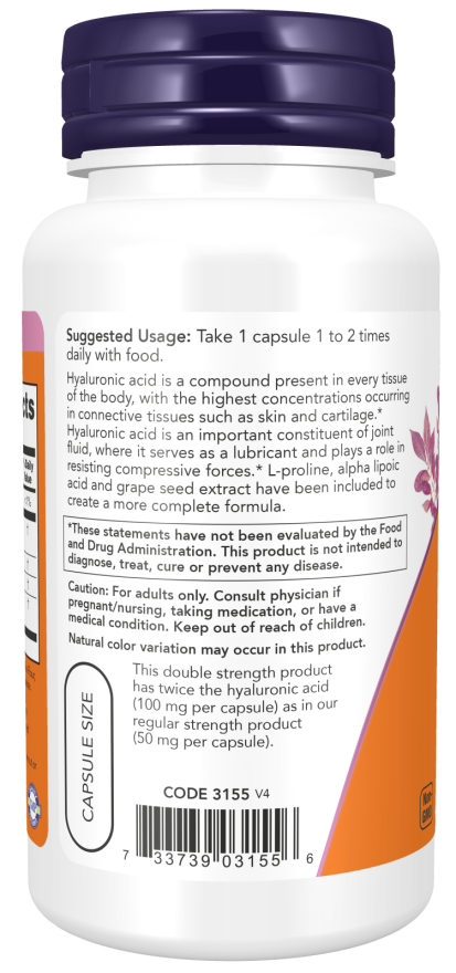 Ácido hialurónico Double Strength 100 mg NOW Foods – 60 cápsulas vegetais – imagem 3