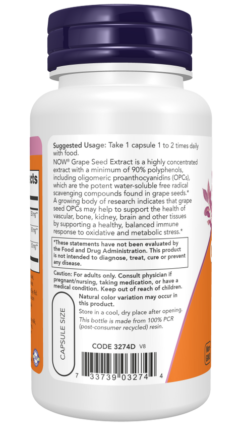 Extrato de semente de uva 250 mg Extra Strength NOW Foods – 90 cápsulas vegetais – imagem 3