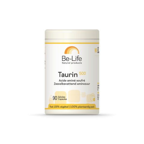 Taurina 500 Be-Life, embalagem de 90 cápsulas de L-taurina vegana