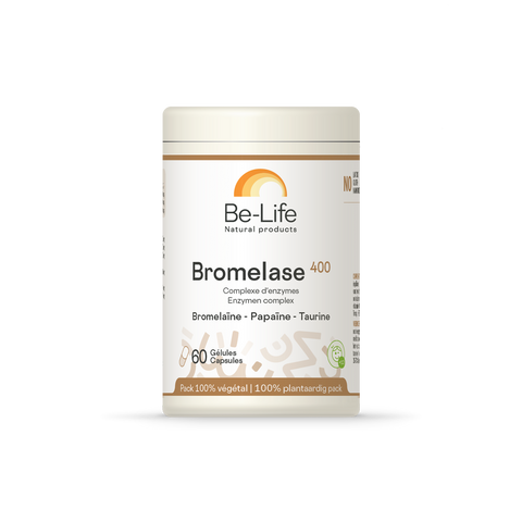Bromelase 400 Be-Life, embalagem de 60 cápsulas acidorresistentes de bromelina, papaína e taurina