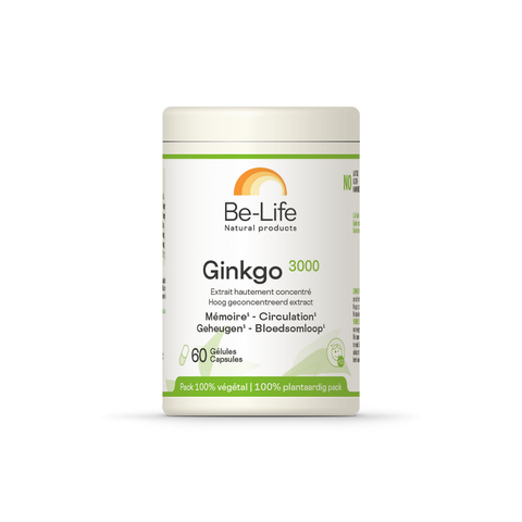 Ginkgo 3000 Be-Life, embalagem de 60 cápsulas de extrato de folha de ginkgo