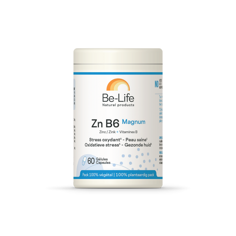 Zinco+B6 Magnum Be-Life, embalagem de 60 cápsulas de zinco com vitaminas B2, B3 e B6
