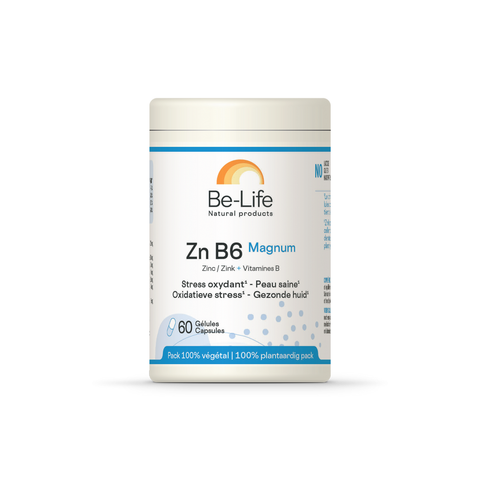 Zinco+B6 Magnum Be-Life, embalagem de 60 cápsulas de zinco com vitaminas B2, B3 e B6