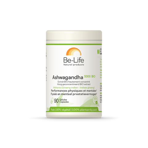 Ashwagandha 5000 Bio Be-Life, embalagem de 90 cápsulas de extrato de raiz de ashwagandha biológica