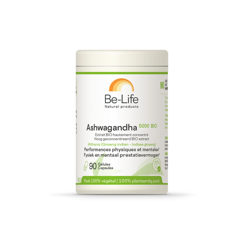 Ashwagandha 5000 Bio Be-Life, embalagem de 90 cápsulas de extrato de raiz de ashwagandha biológica