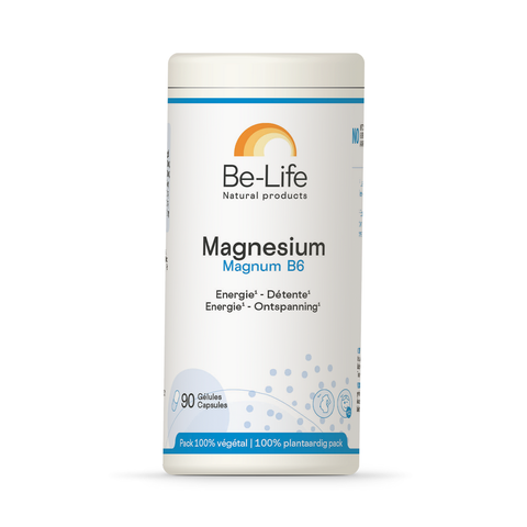 Magnesium Magnum B6 Be-Life, embalagem de 90 cápsulas de bisglicinato de magnésio com vitamina B6