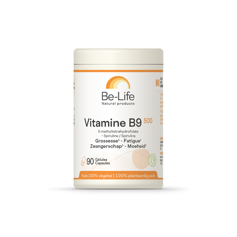 Vitamina B9 500 Be-Life, embalagem de 90 cápsulas de metilfolato com espirulina