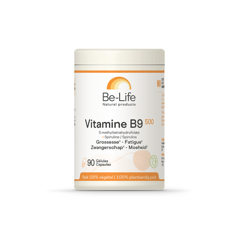 Vitamina B9 500 Be-Life, embalagem de 90 cápsulas de metilfolato com espirulina
