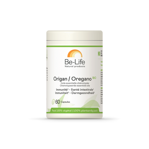 Origan Bio Be-Life, embalagem de 60 cápsulas moles de óleo essencial de orégão biológico