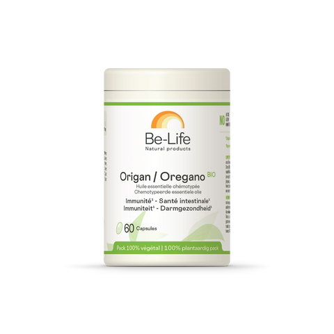 Origan Bio Be-Life, embalagem de 60 cápsulas moles de óleo essencial de orégão biológico