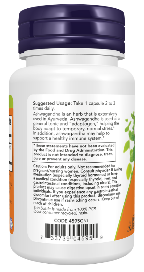 Ashwagandha 450 mg NOW Foods – 30 cápsulas vegetais – imagem 3