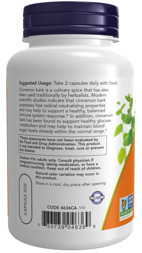 Canela em cápsulas (Cinnamon Bark) 600 mg NOW Foods – 120 cápsulas vegetais – imagem 3