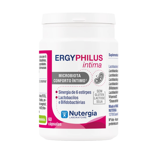 Embalagem ERGYPHILUS intima Nutergia 60 cápsulas probiótico feminino para conforto íntimo e flora vaginal