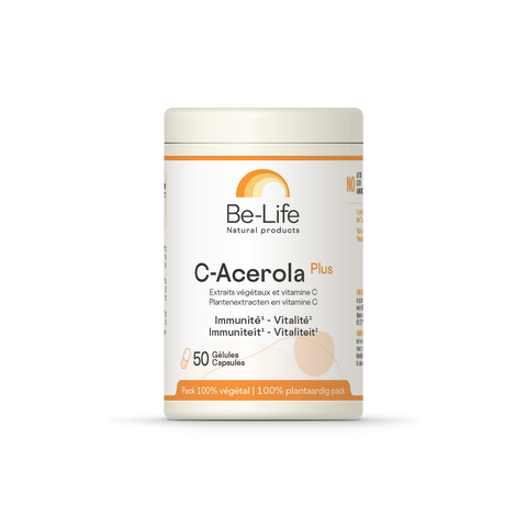 C-Acerola Plus Be-Life, embalagem de 50 cápsulas de vitamina C de acerola com bioflavonoides