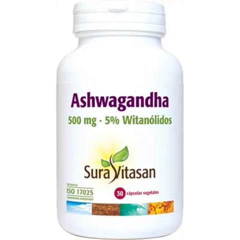Ashwagandha 500 mg Sura Vitasan, embalagem de 30 cápsulas vegetais de extrato de raiz