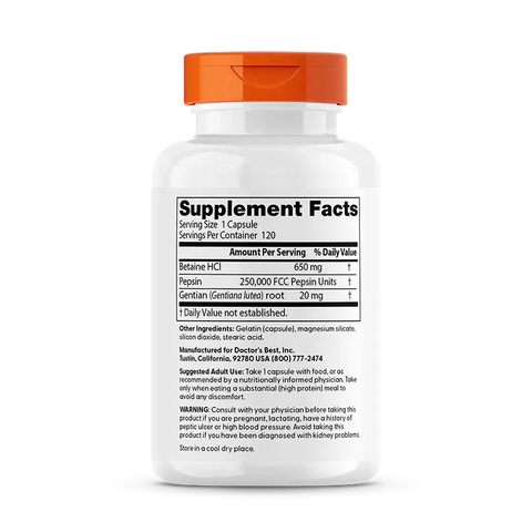 Betaine HCl Pepsin & Gentian Bitters 120 Capsules Doctor Best - Viva Saudável
