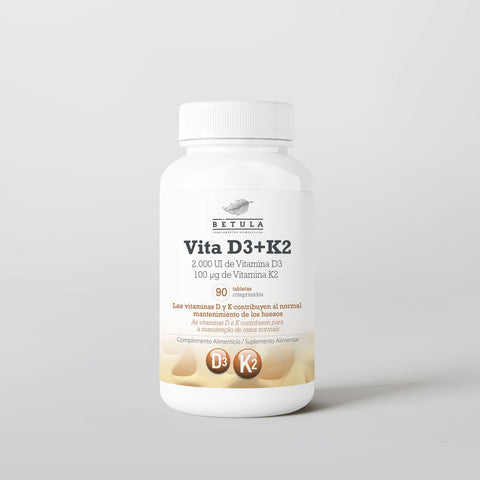 Vita D3 + K2 Bétula, vitamina D3 2000 UI e vitamina K2 MK-7, frasco de 90 comprimidos
