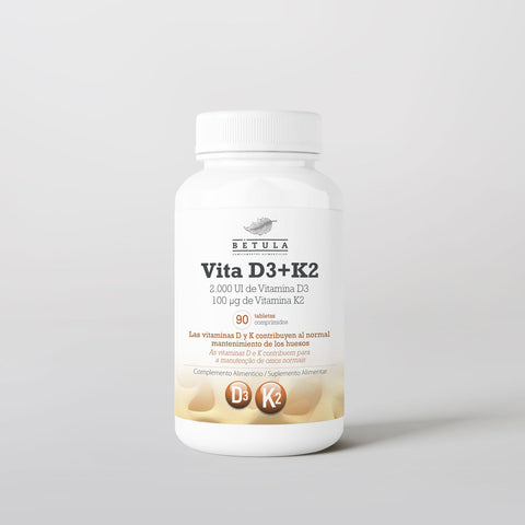 Vita D3 + K2 Bétula, vitamina D3 2000 UI e vitamina K2 MK-7, frasco de 90 comprimidos