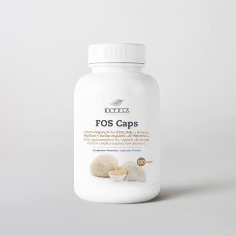 Fos-Caps Bétula, frasco de 100 cápsulas com FOS, psyllium, juba-de-leão, Bacillus coagulans e vitamina C
