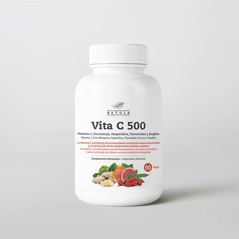 Vita C 500 Bétula, embalagem de 90 cápsulas vegetais de vitamina C com rosa mosqueta e gengibre