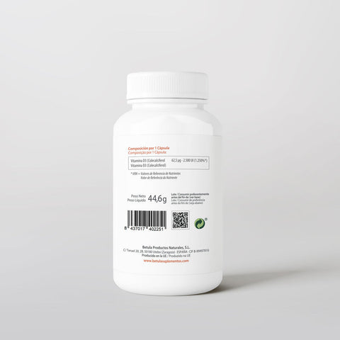 Vita D 2500 90 Caps Bétula — verso com tabela nutricional e ingredientes