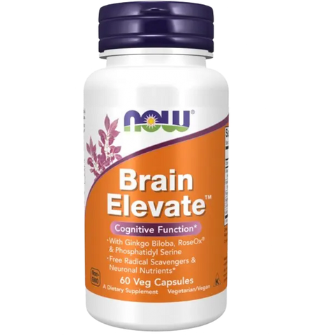 Embalagem de Brain Elevate da NOW Foods com Ginkgo biloba e RoseOx® vista de frente