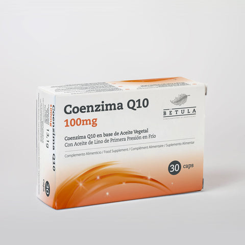 Frasco de Coenzima Q10 100 mg Bétula com 30 cápsulas moles de ubiquinona em óleo de sementes de linho