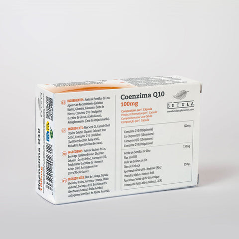 Coenzima Q10 100 mg 30 Caps Bétula — verso com tabela nutricional e ingredientes